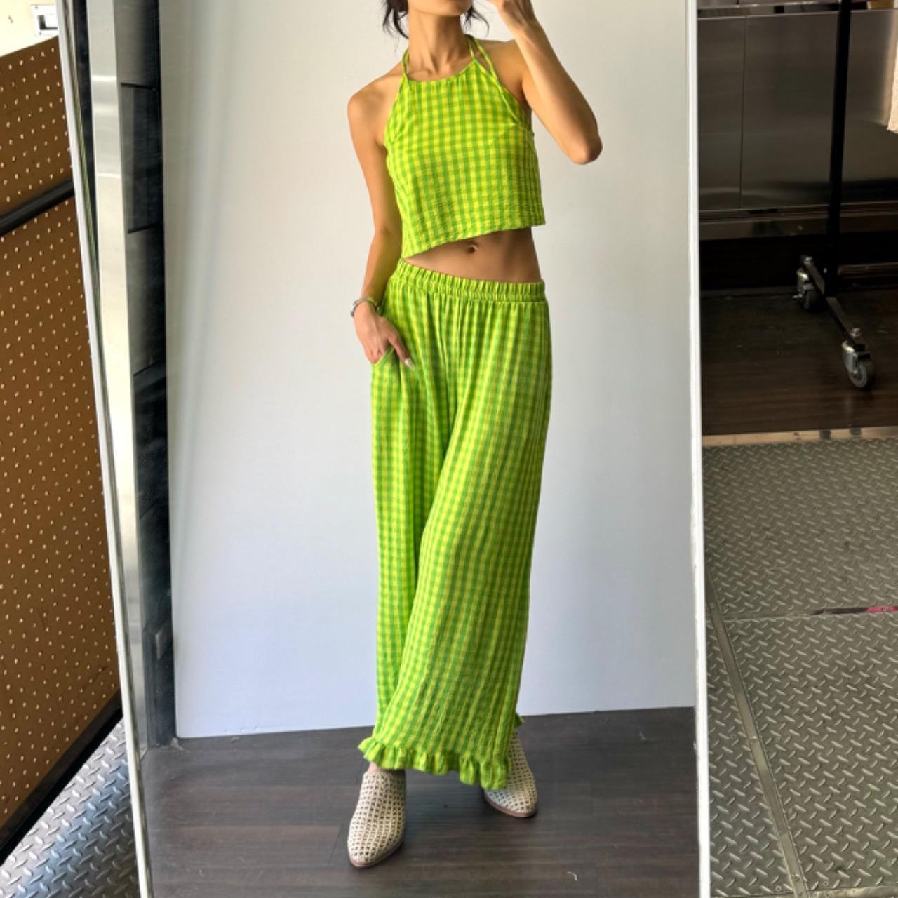 Gingham Ruffle Pants - Kelly/Lime