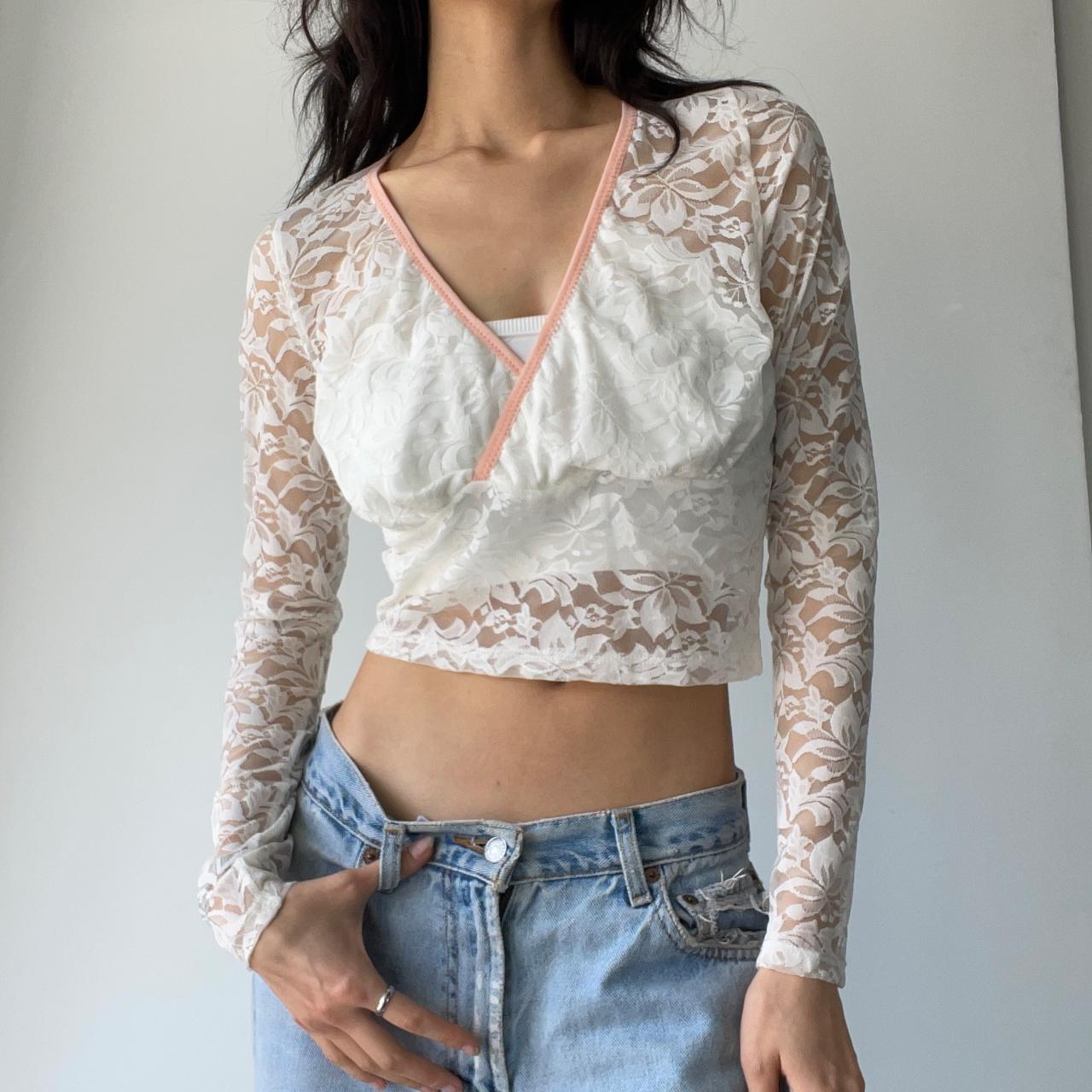 Crossover Lace Top - Ivory/Pink