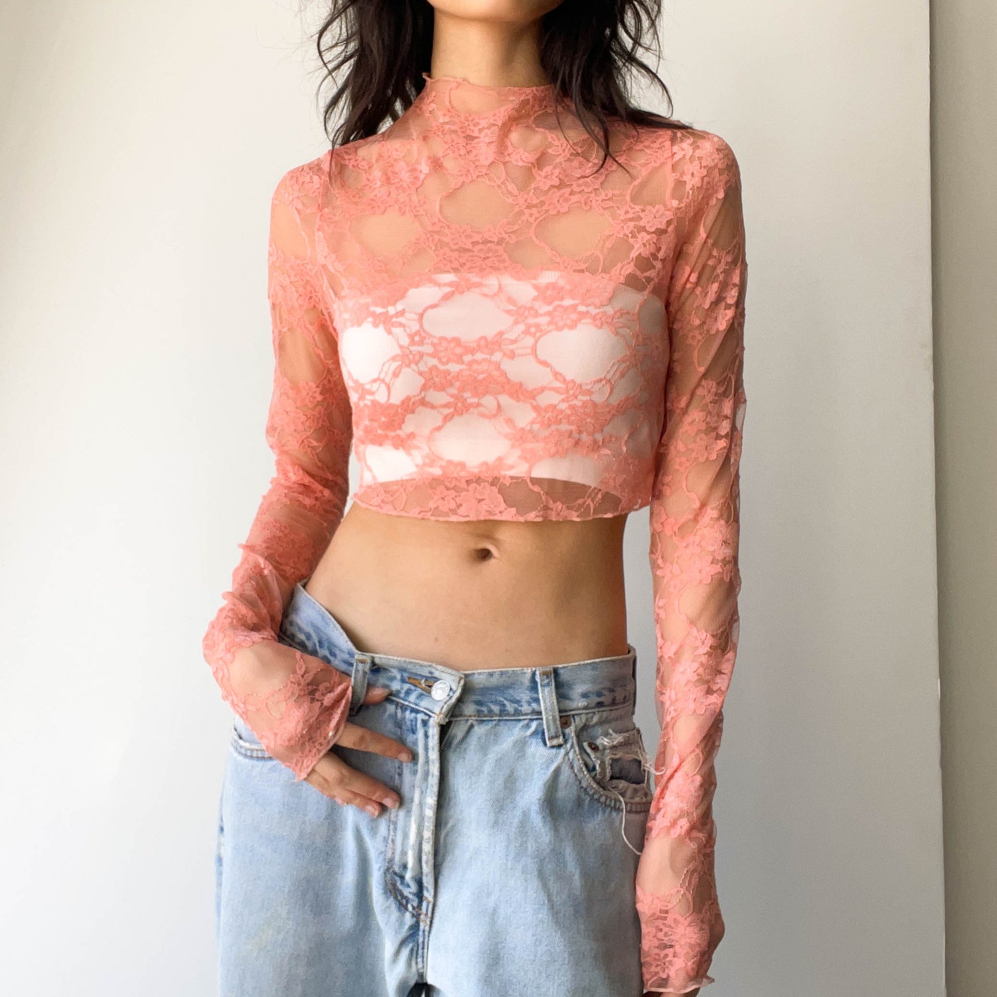 Lace Mockneck Crop Top - Pink