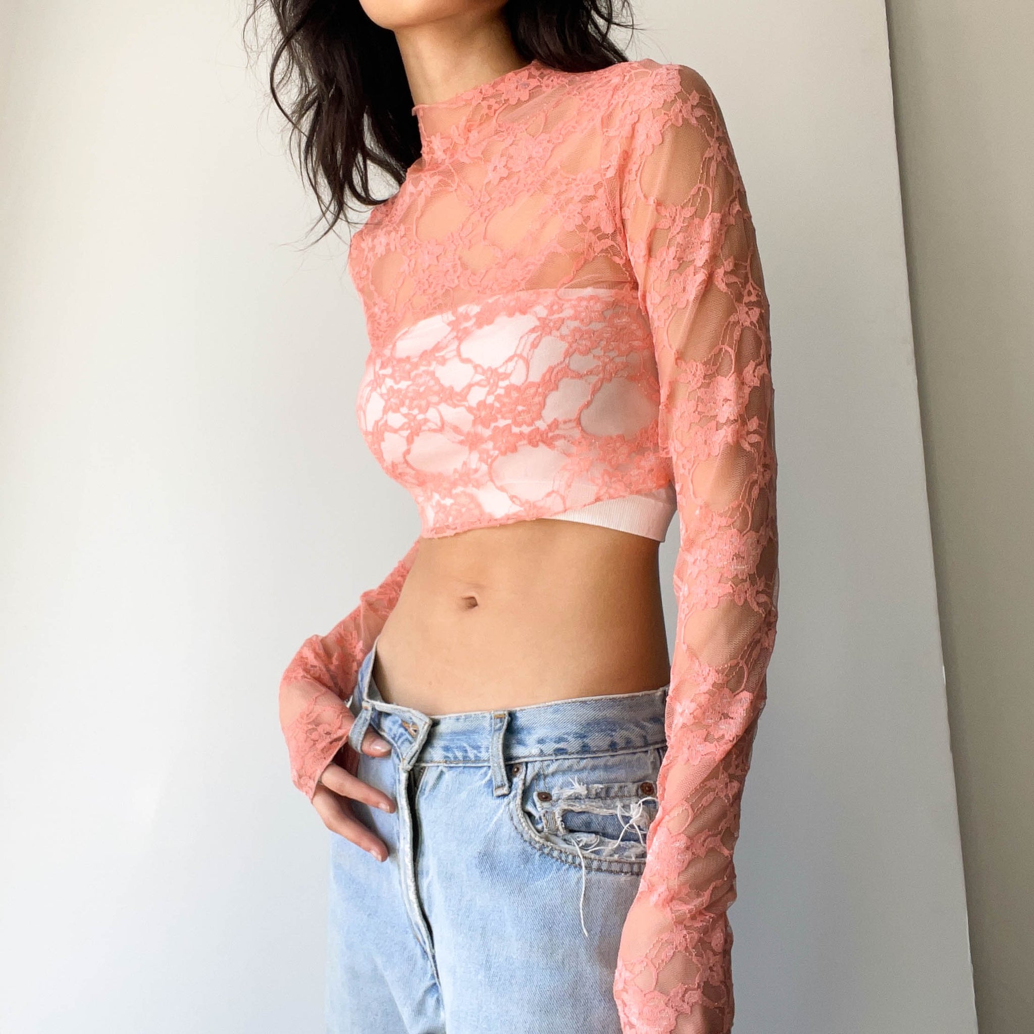 Lace Mockneck Crop Top - Pink