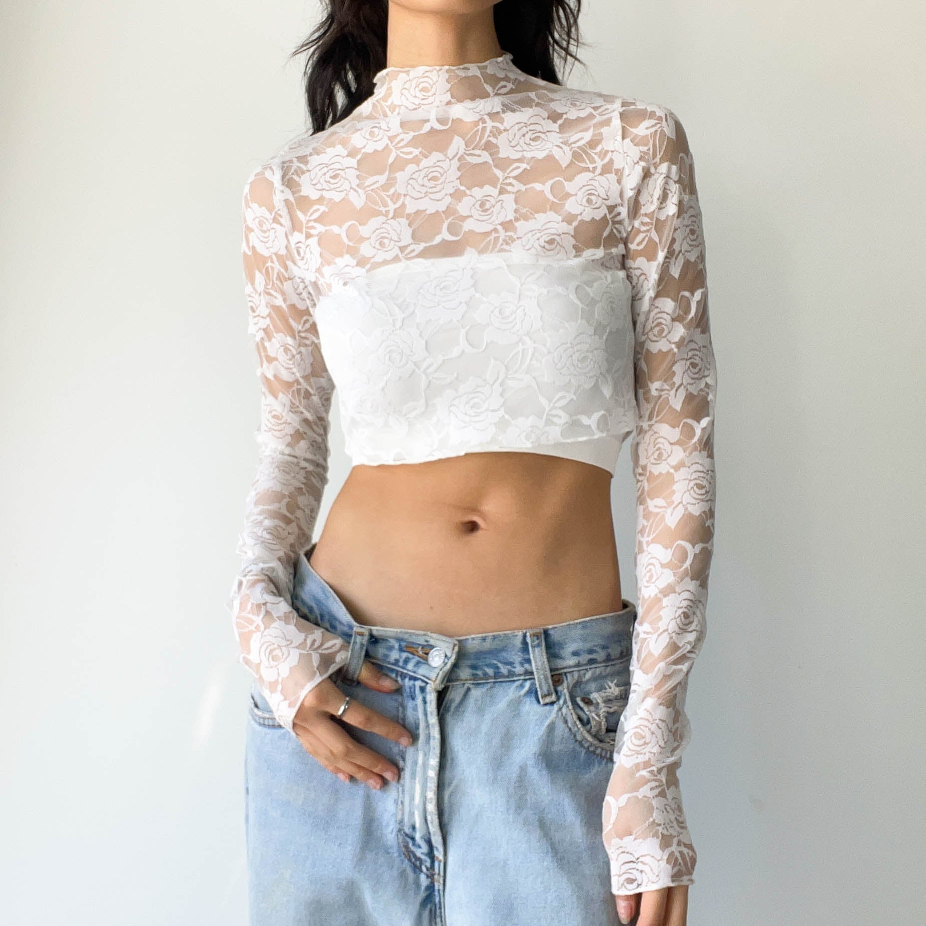 Lace Mockneck Crop Top - White