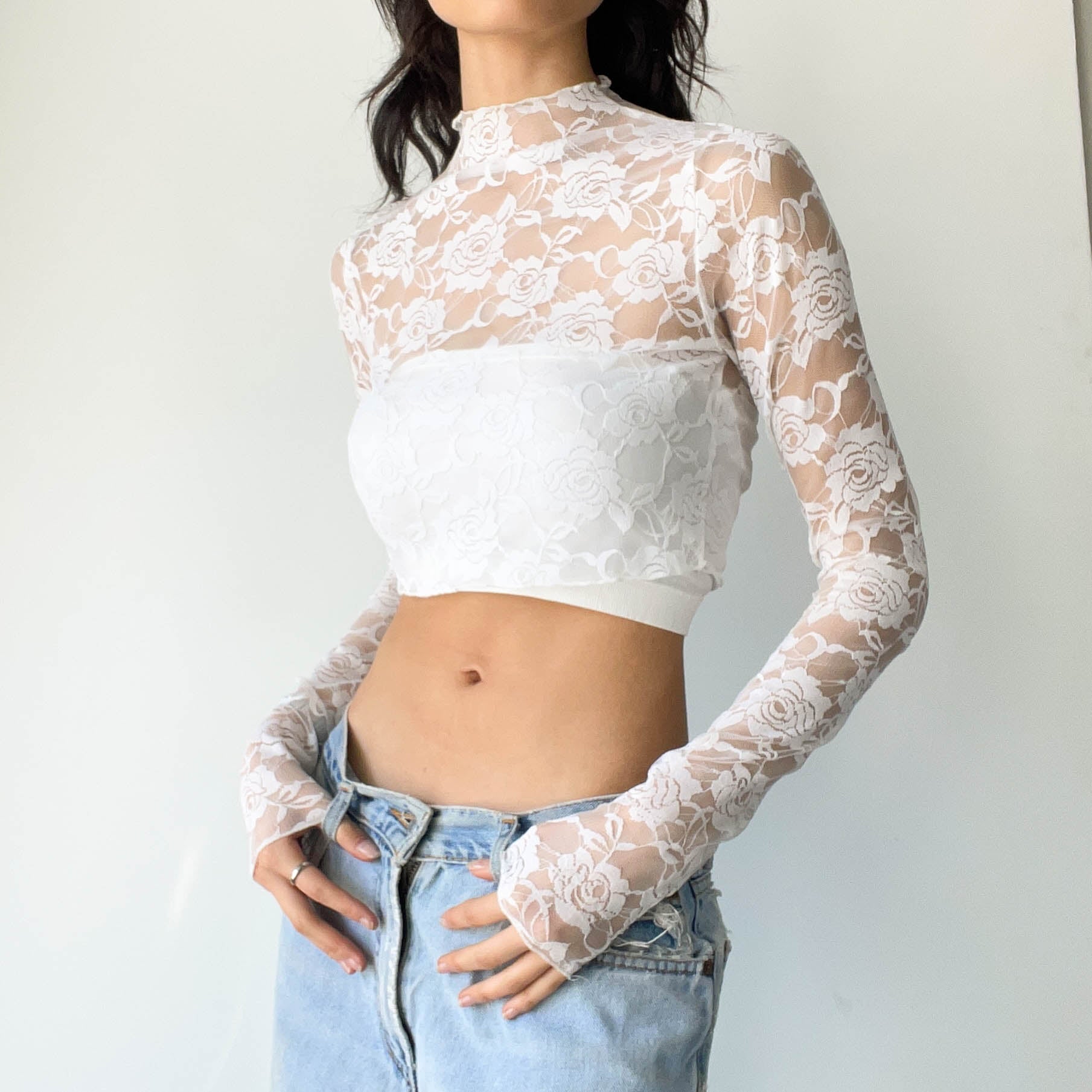 Lace Mockneck Crop Top - White