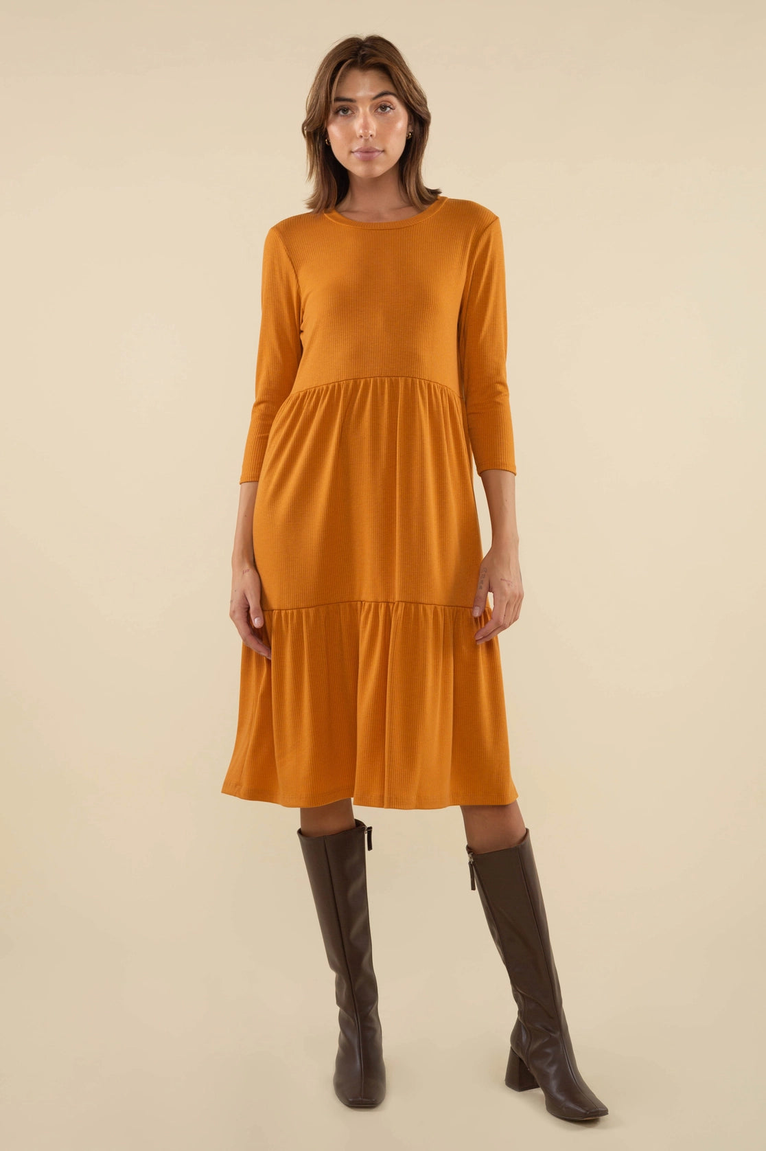 3/4 Sleeve Tiered Rib Dress