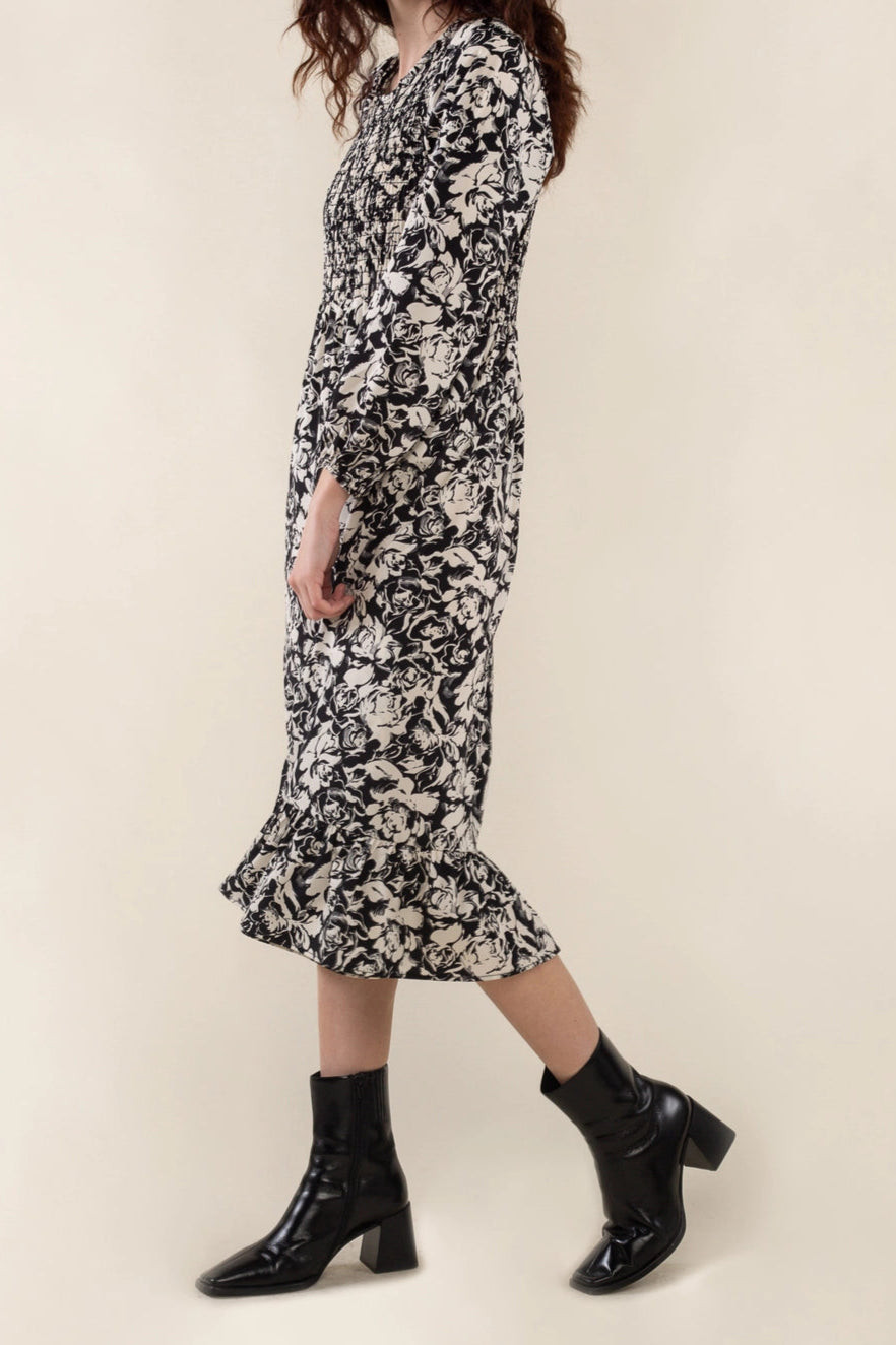 Shirred Print Midi Dress