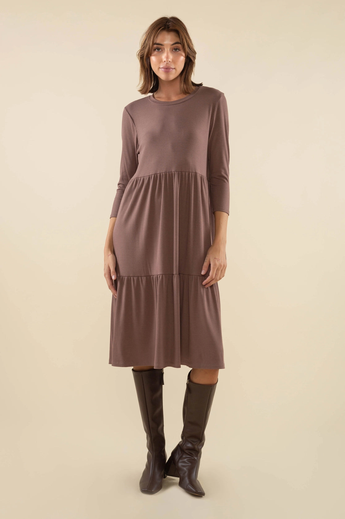 3/4 Sleeve Tiered Rib Dress
