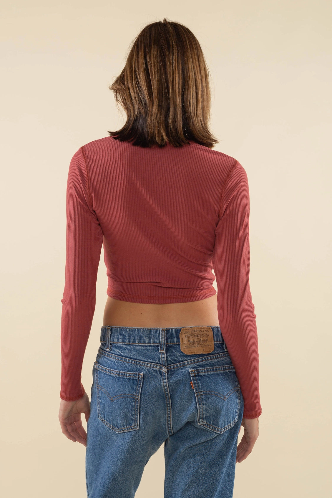 Crop Length 4x2 Rib Long Sleeve Crewneck Shirt
