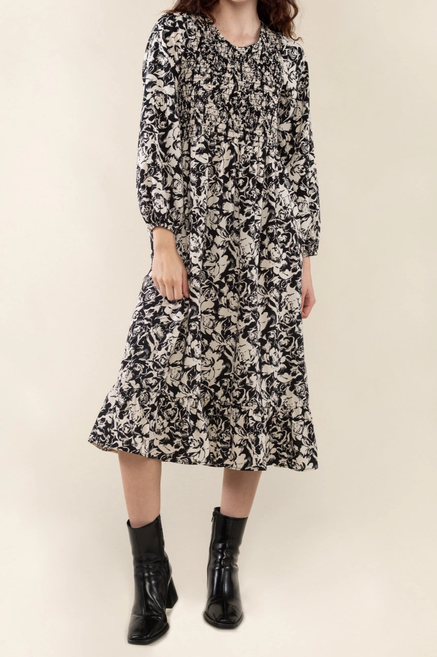 Shirred Print Midi Dress