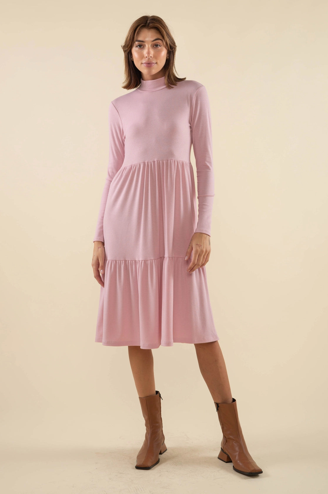 Turtleneck Tiered Rib Dress
