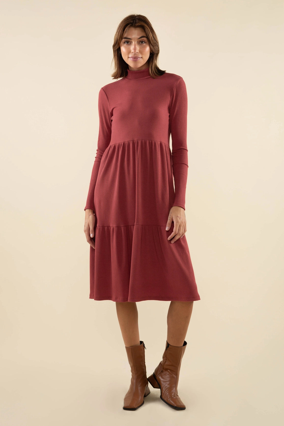 Turtleneck Tiered Rib Dress
