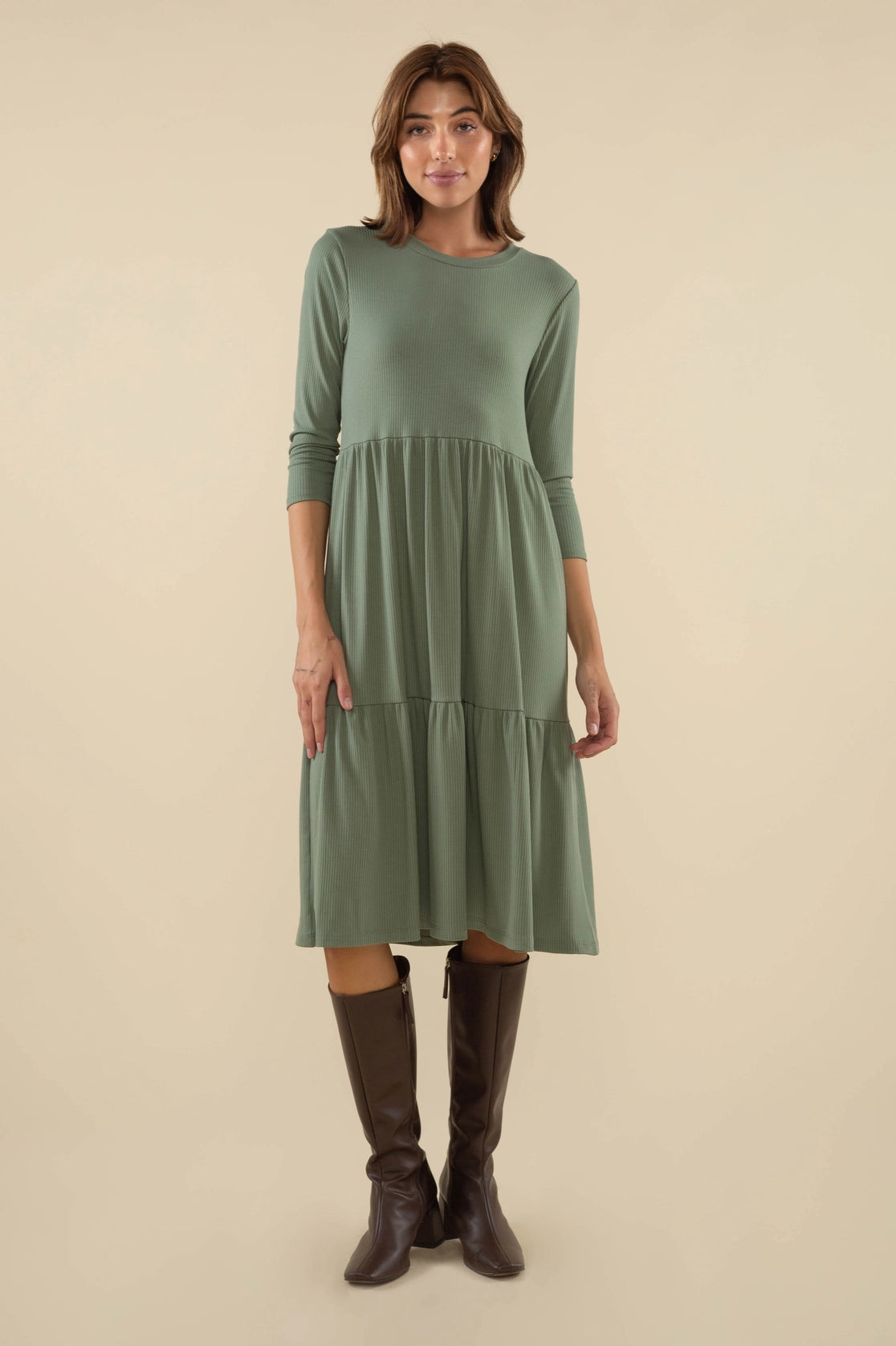 3/4 Sleeve Tiered Rib Dress