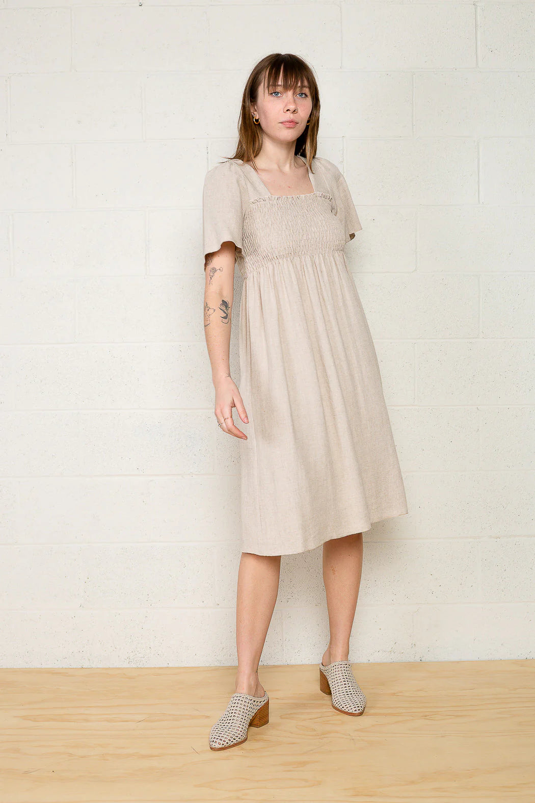 Shirred Sleeve Linen Dress