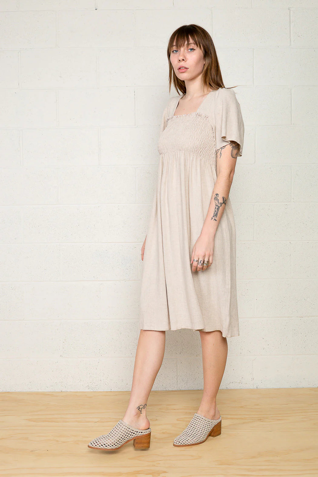 Shirred Sleeve Linen Dress