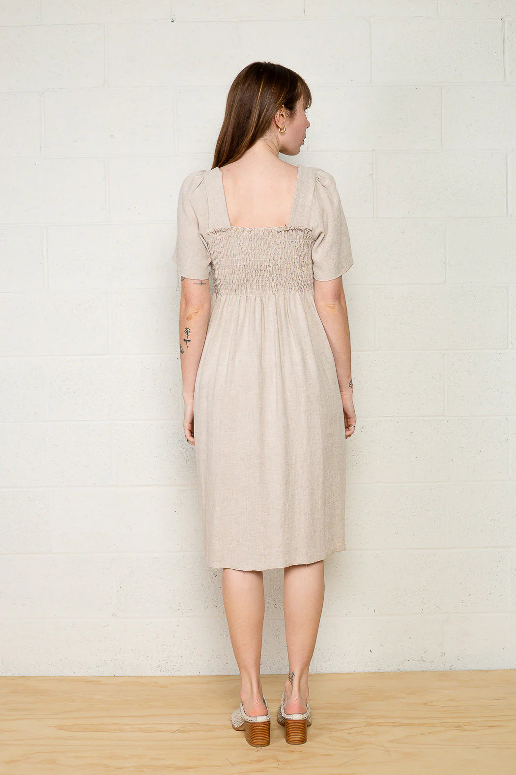 Shirred Sleeve Linen Dress