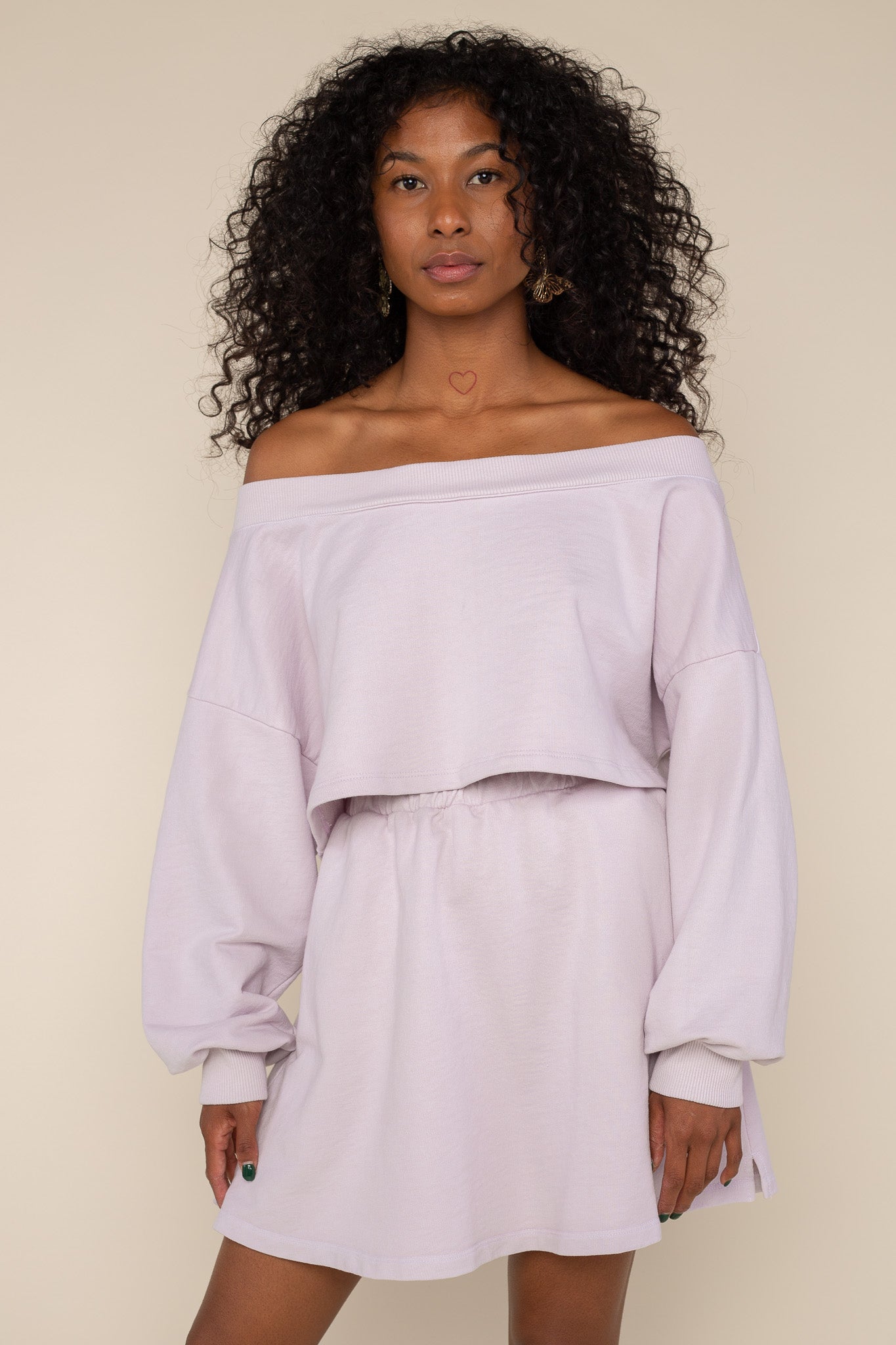 French Terry Off-Shoulder Sweatshirt (Crop Length) - Dusty Lavender